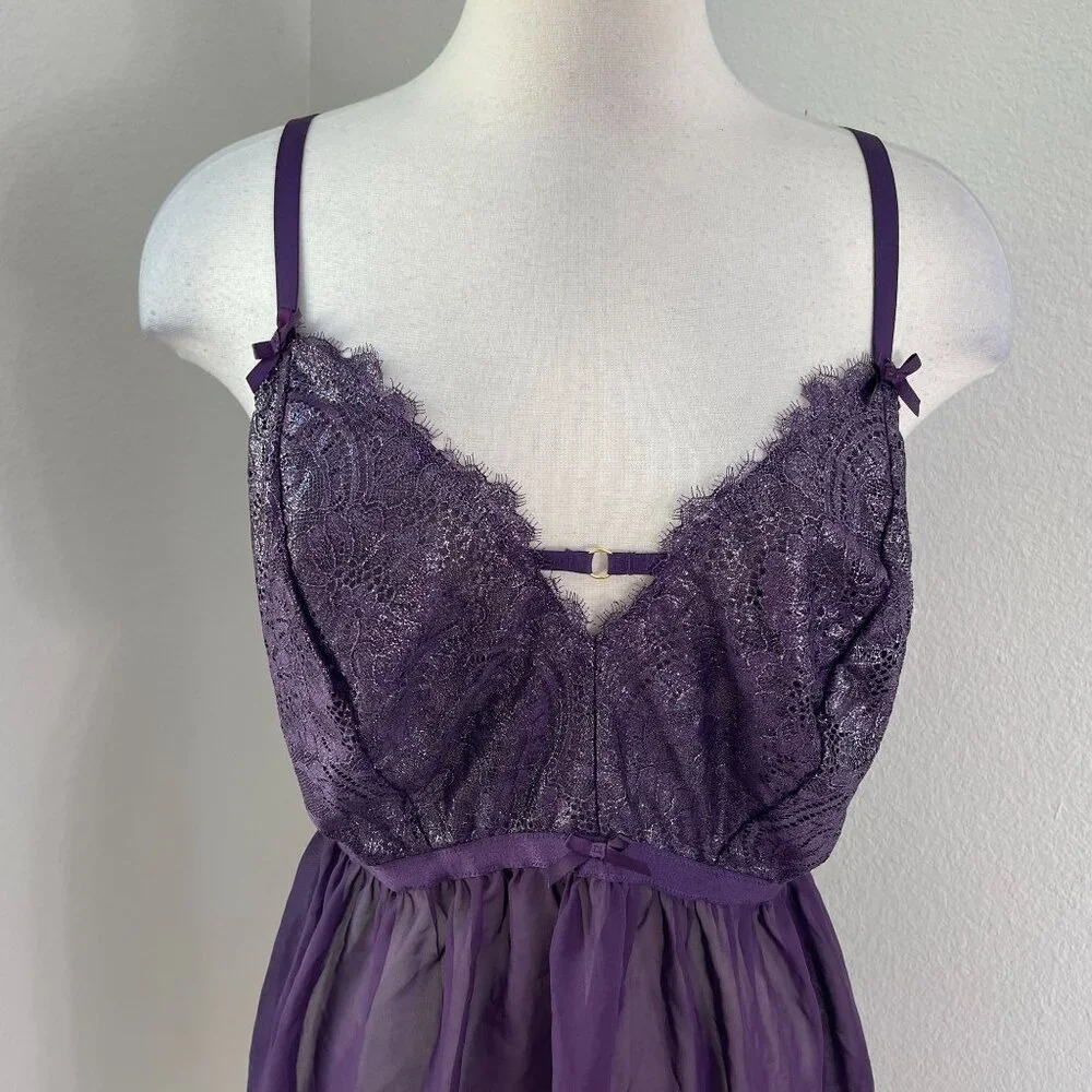 NEW Cacique Womens Plus 22/24 Purple Metallic Sheer Lace Babydoll Lingerie Set - Picture 9 of 14